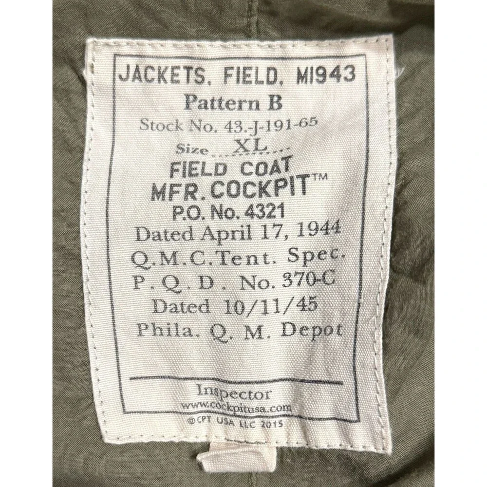 Military Field Jacket Coat - WWII 1944 1945 - Reproduction by Cockpit USA - XL